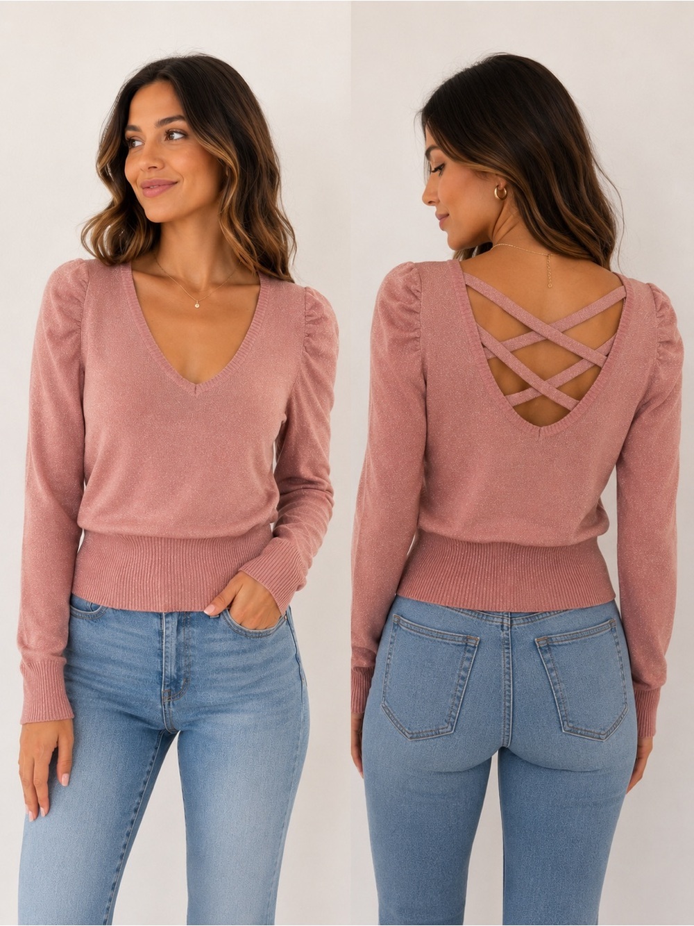 Bebe Dusty Rose Cross-Back Sweater | Glam Feminine Knit Top